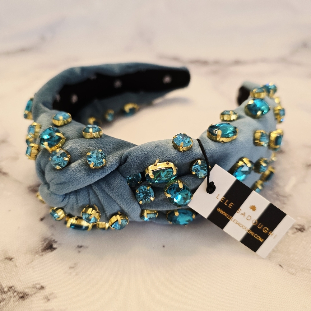 Lele Sadoughi Birthstone DECEMBER - Oval Crystal Velvet Headband in Blue Topaz